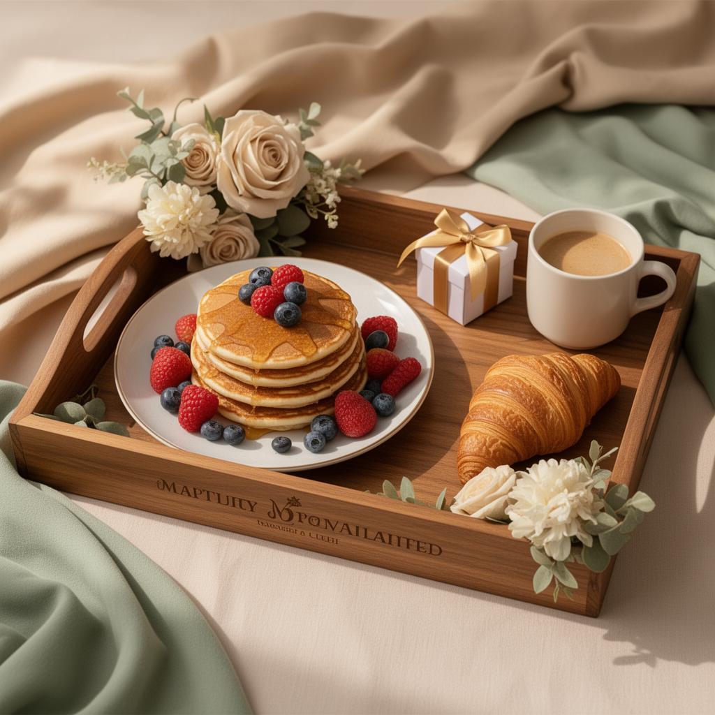 Bandeja de desayuno premium decorada con flores, café y repostería